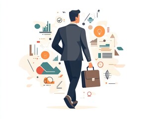Back view businessman, briefcase, charts surround