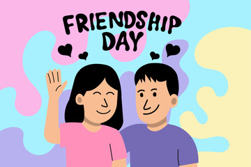 colorful Friendship Day Illustration with Happy Diverse Friends - Friends Waving Hello in a Warm Greeting,Two cheerful friends waving in greeting or farewell, radiating friendliness and connection.