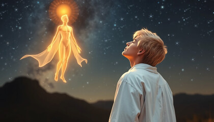 An enlightened young man in a white robe and blonde hair stands with his side turned and looks up at the night sky to connect with his higher self.