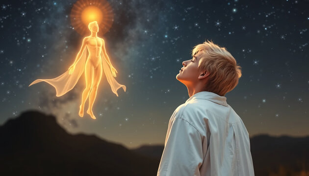 An enlightened young man in a white robe and blonde hair stands with his side turned and looks up at the night sky to connect with his higher self.