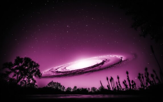 A vibrant purple galaxy, silhouetted trees and a dark sky - Powered by Adobe