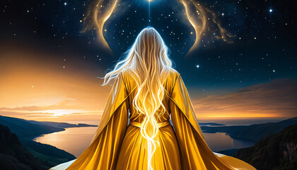 An enlightened young woman in a golden robe and long blonde hair stands with her back turned and looks up at the night sky to connect with her higher self.