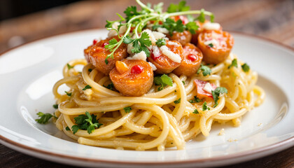 Elegant pasta dish with colorful toppings, fine dining presentation