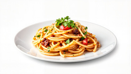 Vibrant pasta dish with herbs and vegetables on white plate, culinary delight