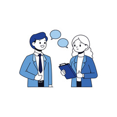 Business professionals having a discussion with speech bubbles in blue color scheme