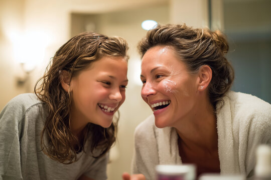 Mother and daughter doing skincare routines in the bathroom mirror, laughing together, evening light