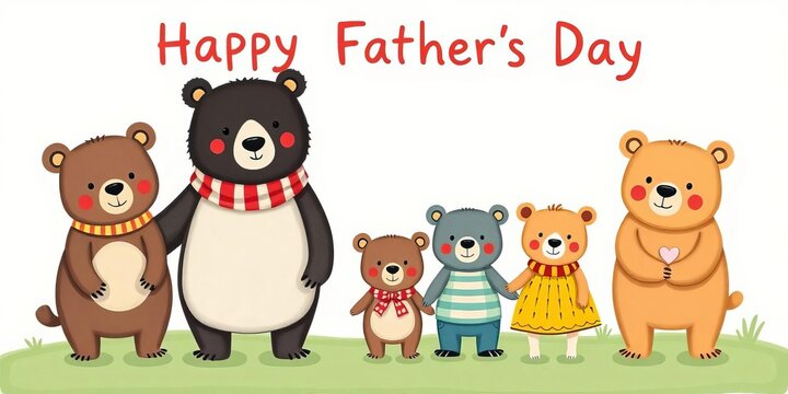 Happy Father's Day card featuring a cute, funny, hand-drawn vector illustration of a whimsical bear family,  image,  greeting card
