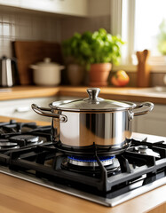 shiny steel pan on gas stove on blurred kitchen background
