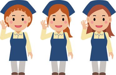 笑顔でOKサイン。紺色のエプロンの若い女性。その2