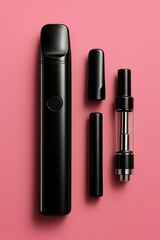Obraz premium A sleek black vaporizer pen with disassembled components on a soft pink background studio shot style
