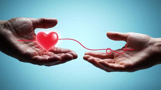 Glowing Red Heart Connected by Red Thread &mdash; Hands Sharing Conceptual Video for Blood Drive Campaign