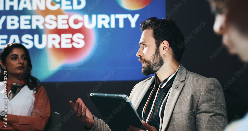 Poster Forum, tablet and business people on stage with presentation for enhanced cybersecurity measures. Digital technology, conference and compliance managers with data encryption policies at seminar.