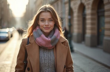 Young woman in grey knitted sweater brown coat walks city street. Stylish female outdoor portrait. Woman wears cozy scarf, warm winter clothes. Natural daylight illuminates face. Modern urban