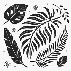 ropical leaves, palm leaf silhouettes, diverse collection, black shapes, leaf vector