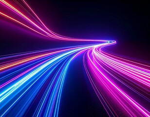 Abstract image of neon light trails in blue and pink against a dark background with smooth curves