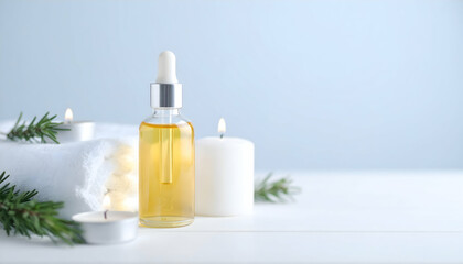 Bottle of oil candles and towels on a white surface with green sprigs.