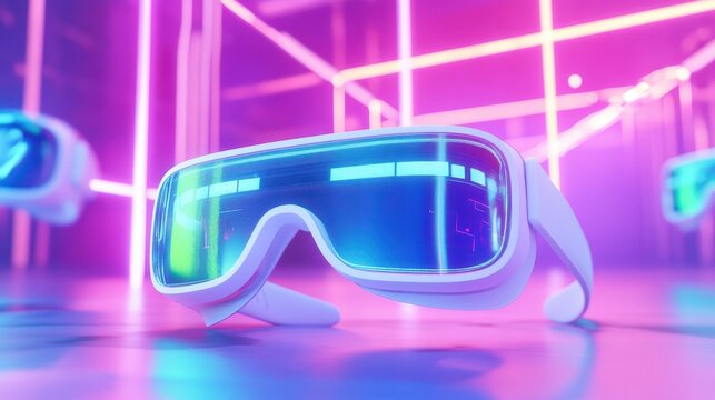 Futuristic Augmented Reality Glasses Displaying Innovative Technology in a Vibrant Neon Environment with a Sleek Design and Striking Colors