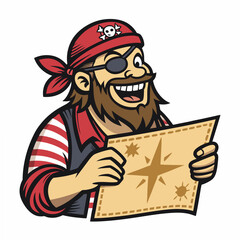 Create a vector illustration of a bold-stroked pirate, fiercely holding a treasure chest, with detailed clothing and a dramatic pose.