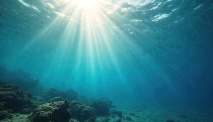 Fototapeta premium Sunlight penetrates ocean depths illuminating seabed. Sunbeams, water, marine life create tranquil underwater scene. Tranquility, purity, peace, clarity inspire. Serene seascape for exploration,