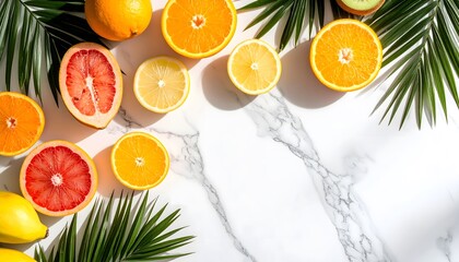 Citrus fruit halves and palm leaves on marble background top view