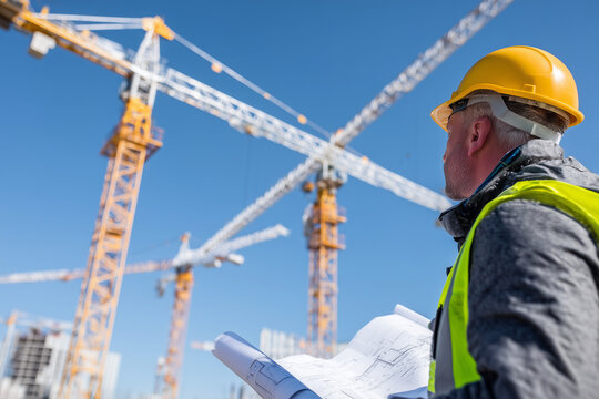 Engineer inspecting a construction site with cranes and blueprints