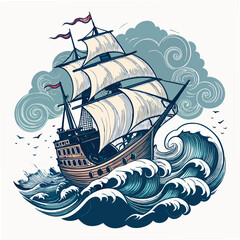 Create a bold, vector illustration of a pirate ship with thick black outlines, sailing on a stormy sea.  Include detailed rigging and sails. © adobe1 stock