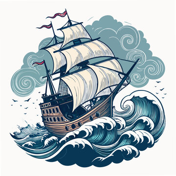 Create a bold, vector illustration of a pirate ship with thick black outlines, sailing on a stormy sea.  Include detailed rigging and sails.