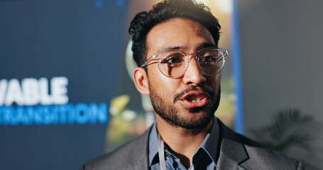 Man, speaker and talking for speech at conference for renewable energy transition at seminar. Person, public speaking and awareness of climate change, eco friendly solution and expo for hydrogen fuel