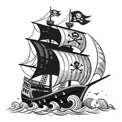 Create a bold, vector illustration of a pirate ship with waving flags, emphasizing strong black outlines and a weathered wood texture.  Include detailed rigging and sails.