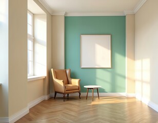 Fototapeta premium 3D render of vintage-style living room interior. Beige, green walls, wooden parquet flooring, leather armchair near table. Empty white frame for art. Cozy modern apartment.