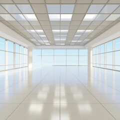 3D render of an empty modern architectural space with large windows