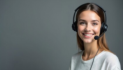 Young woman with headset smiles against neutral gray background. Smiling female customer service support staff, call center worker. Happy client support expert. Remote assistant tech support employee.