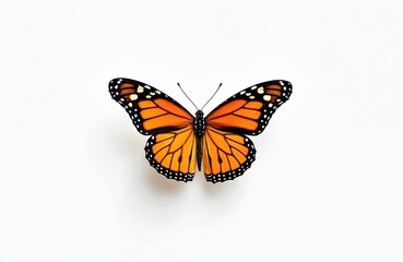 Fototapeta premium Monarch butterfly isolated white background. Insect orange, black wings, intricate patterns. Macro shot of insect, detailed, vibrant colors, nature beauty. Concept of freedom, summer, wildlife,