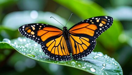 Fototapeta premium Orange Butterfly on Dew-Covered Green Leaf