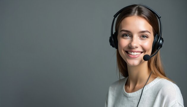 Young woman with headset smiles against neutral gray background. Smiling female customer service support staff, call center worker. Happy client support expert. Remote assistant tech support employee.