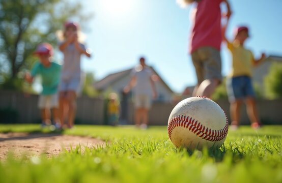 Close-up baseball with red stitching. Kids play baseball backyard. Smiling faces joy, happy moments of summer fun. Baseball game, active childhood. Kids playing game, sunny day.