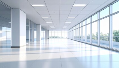 3D render of an empty modern architectural space with large windows