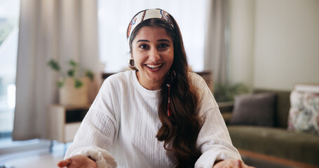 Home, woman and portrait with video call for discussion, counseling or therapist for remote work. Freelancer, female person and consultant with smile for communication, virtual session and telehealth