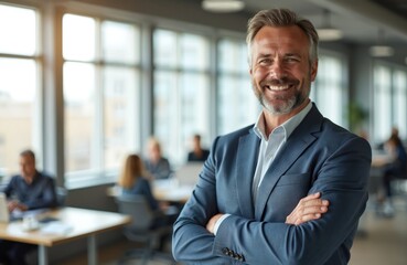 Fototapeta premium Middle-aged Scandinavian businessman smiles in office. Confident male CEO entrepreneur executive leadership pro corporate boss. Modern workspace business person, successful, authority, trustworthy.
