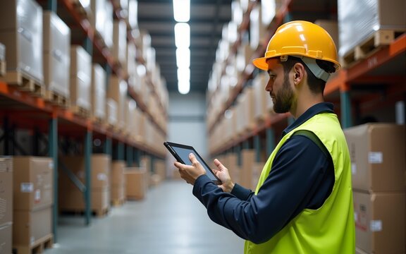 Warehouse manager uses a tablet to maintain vast inventory. High quality