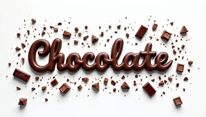Illustration word Chocolate made from chocolate pieces. Scattered chocolate chunks create tasty aesthetic. Artwork perfect for sweets store, candy shop, dessert blog food design. Perfect for product