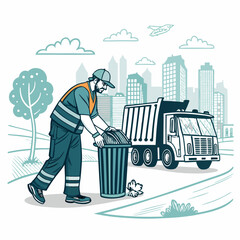 Create a bold vector illustration of a sanitation worker, emphasizing strong lines and a clear silhouette.  Include details like uniform and tools.