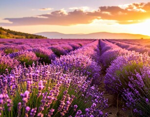 Lavender field at sunset with rows of purple flowers and distant hills under a colorful sky at dusk time