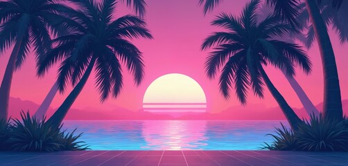 Synthwave style illustration, retro 1980s aesthetic with palm trees against pink, blue sunset. Tropical ocean scene, Miami vibe, synth landscape background. Retrofuturism, retrowave, vaporwave style