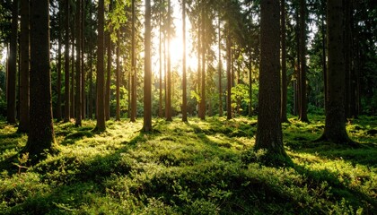 Fototapeta premium Sunbeams through a dense forest