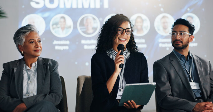 Stage, public speaking and woman with mic, tablet and smile for training session, group and seminar. Presentation, happy and speaker with motivation for entrepreneurship, people and tech for speech