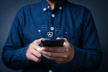 Man Using Smartphone with AI Technology Artificial Intelligence Concept for Business and...