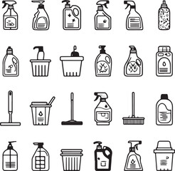 Cleaning product and tool icons set – spray bottles, detergent, mops, and buckets in line style