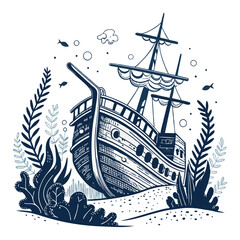Create a bold vector illustration of a sunken pirate galleon, emphasizing strong black outlines and textured surfaces.  Include details like cannons and rigging.