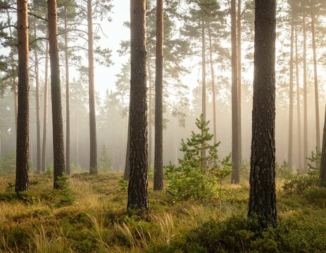 A serene view of tall trees in a forest with a gentle fog and lush green undergrowth in the foreground